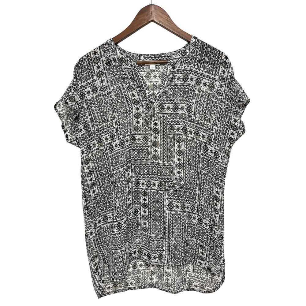 J.Jill Womens S Black White Geometric Sheer Tunic Blouse Short Sleeve